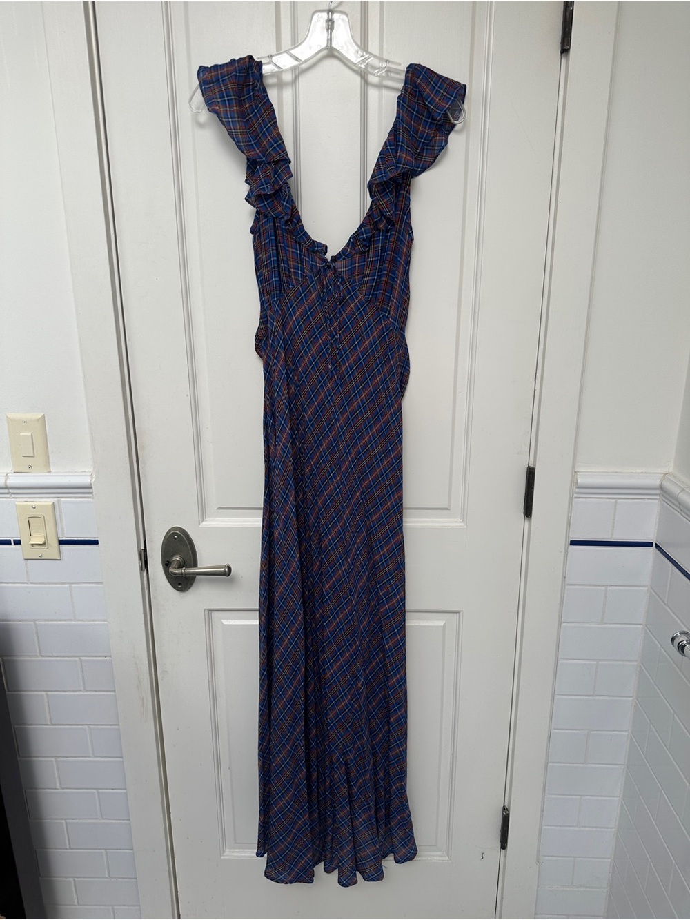 Doen Blue Plaid Ruffle-Shoulder Maxi Dress